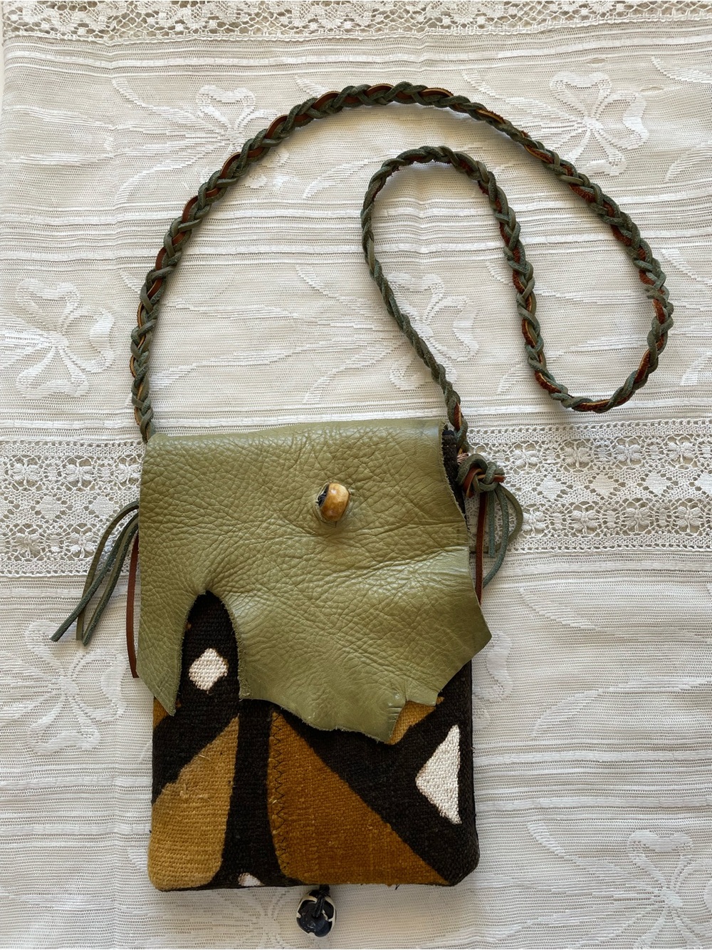 R-Tistic Designs Handcrafted Boho Woven Mudcloth & Leather Pouch Crossbody
